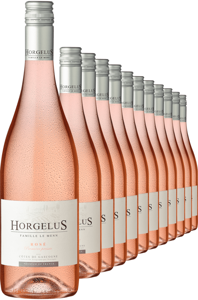 Douze bouteilles de vin rosé Horgelus alignées.