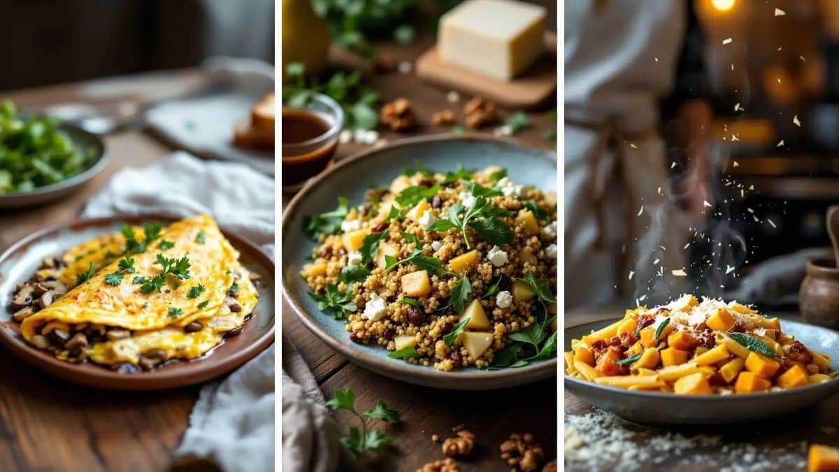 Trois plats garnis de persil, couscous et omelette.