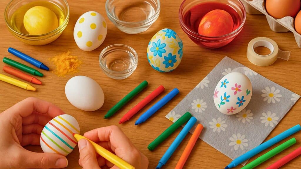 Décoration d'œufs de Pâques avec des feutres colorés.