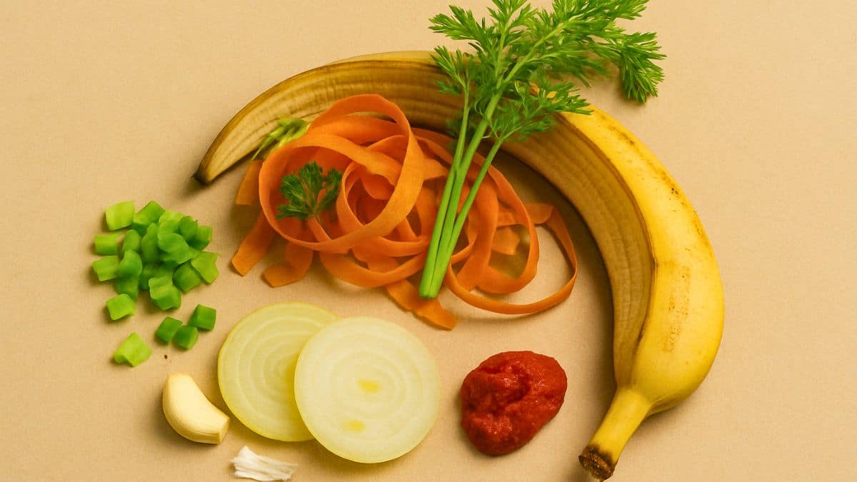 Ingrédients: banane, carotte, oignon, ail, tomate, poivron.