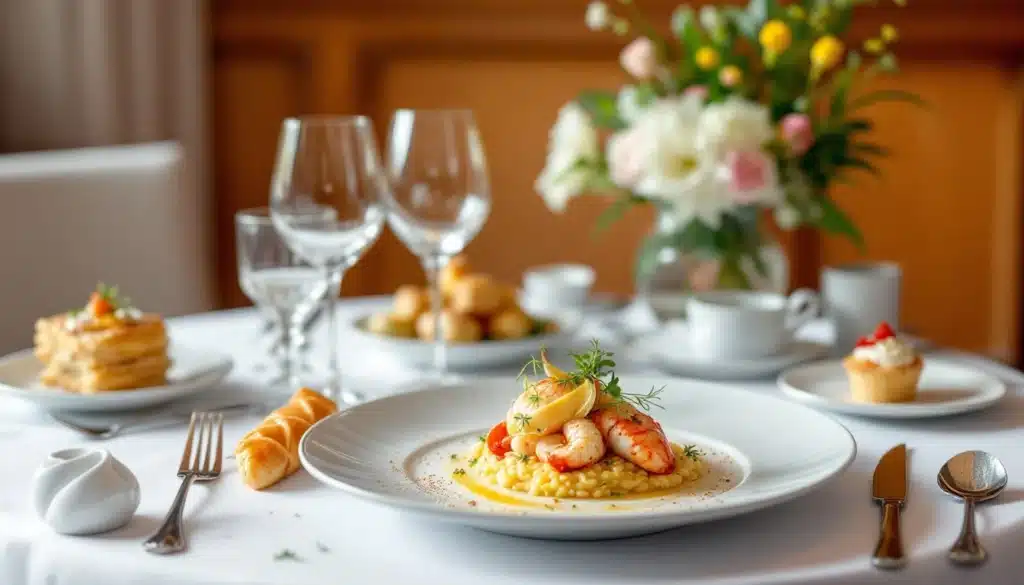 Table élégante avec plat de fruits de mer.