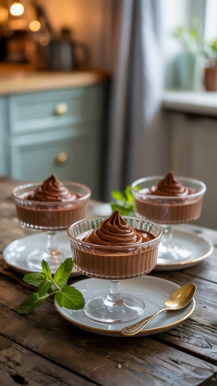 Trois mousses au chocolat servies sur une table.