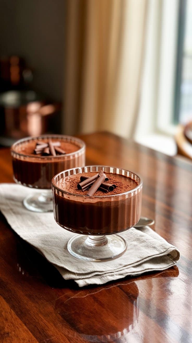 Deux mousses au chocolat sur une table en bois.