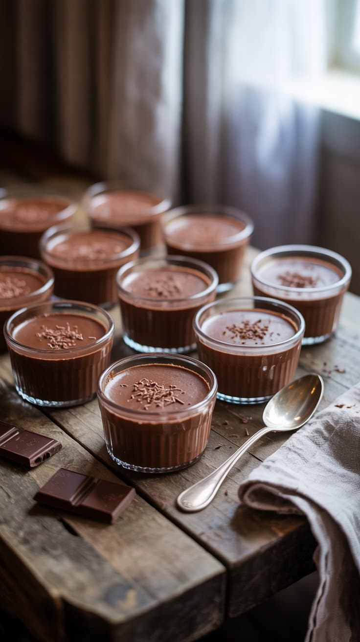 Petit pots de mousse au chocolat sur table en bois.