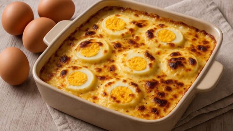Gratin d'œufs doré dans un plat carré.