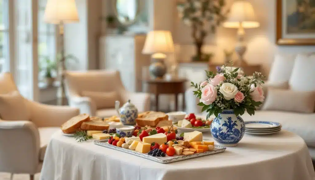 Table dressée avec fromage et fleurs élégantes.