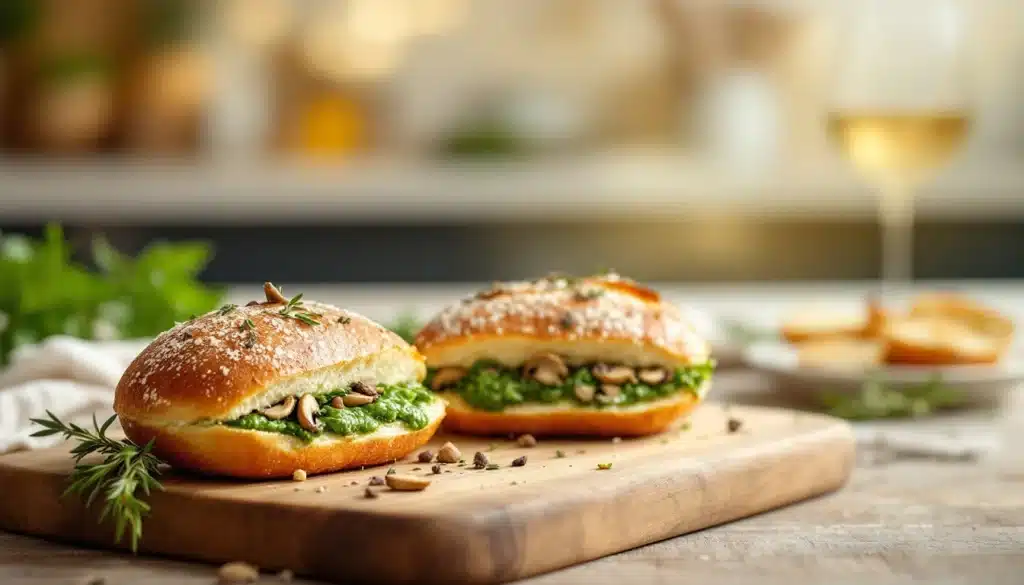 Deux sandwichs aux légumes et pesto sur planche.