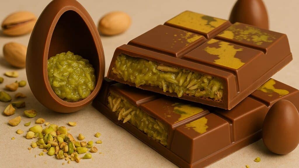 Chocolat et œuf fourrés à la pistache.