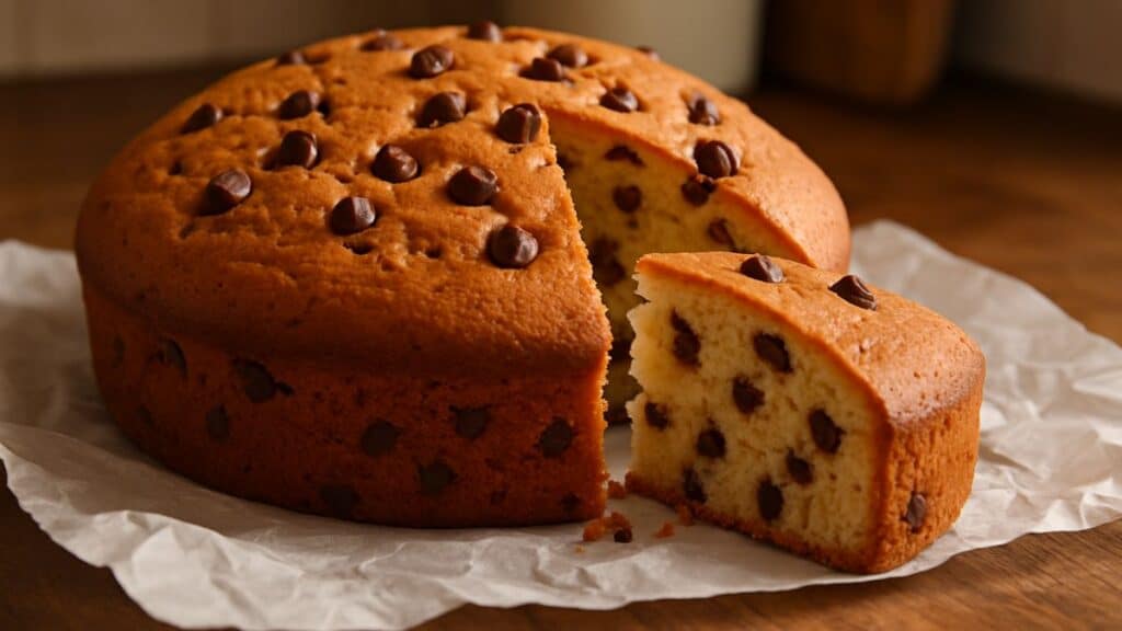 Gâteau avec pépites de chocolat, tranché.