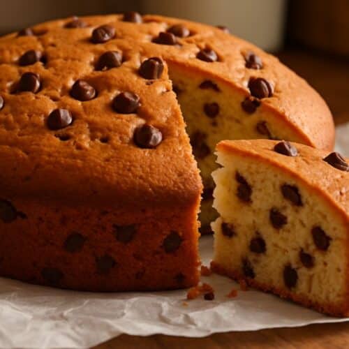 Gâteau avec pépites de chocolat, tranché.