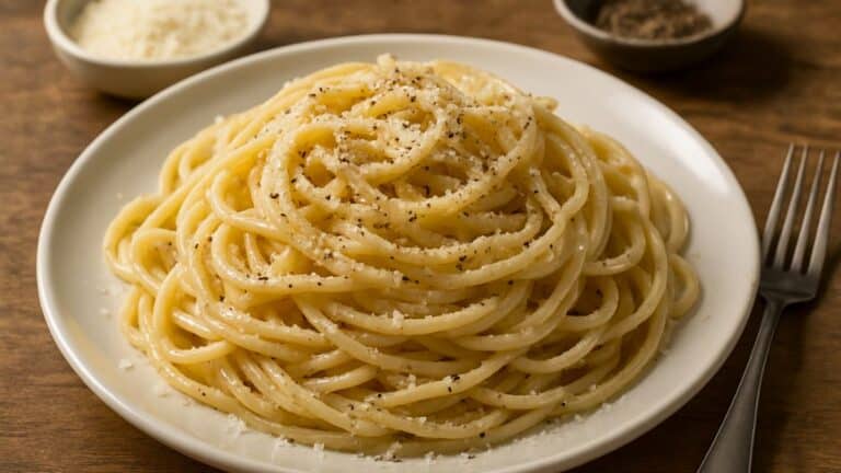 Assiette de spaghetti cacio e pepe.