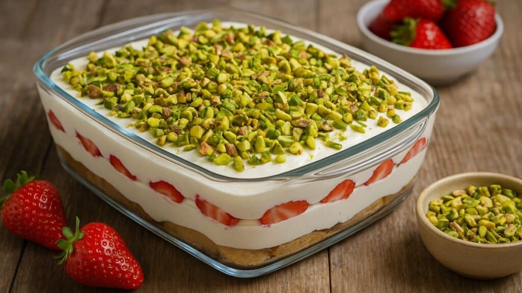 Tiramisu fraises pistache sur table en bois.
