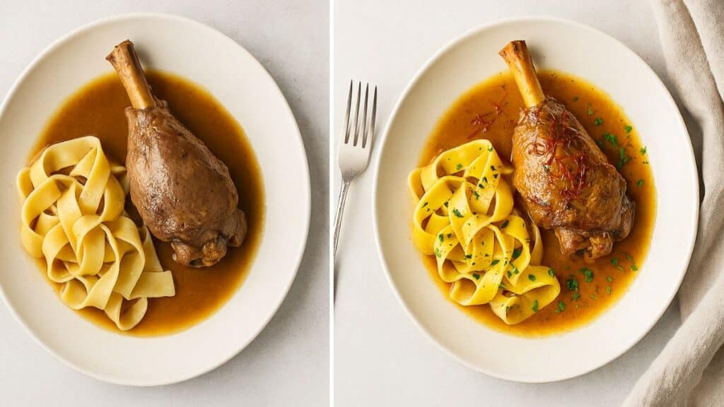 Jarret d'agneau avec tagliatelles et sauce.