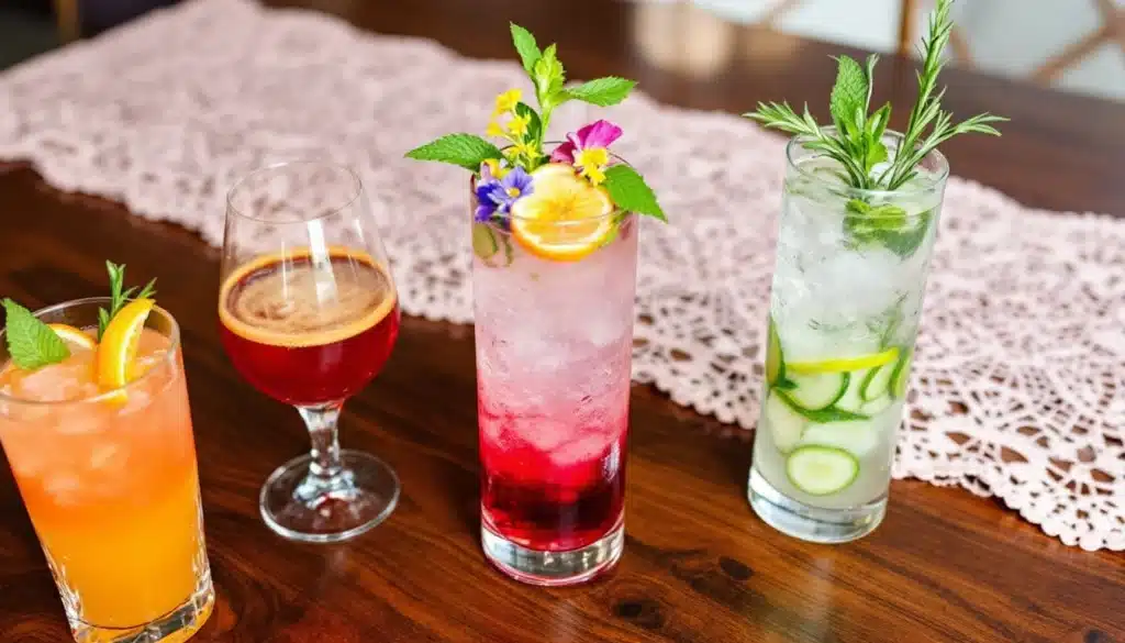 Quatre cocktails colorés sur une table en bois.