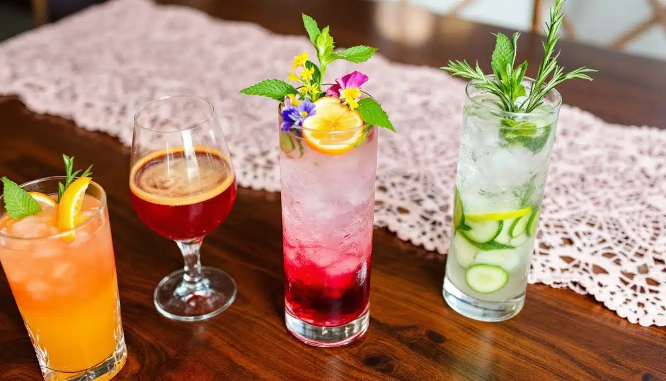 Quatre cocktails colorés sur une table en bois.