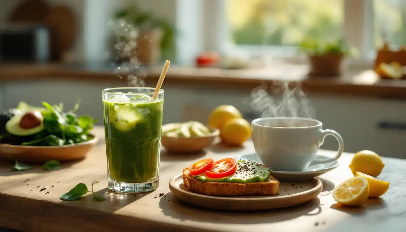 Petit déjeuner sain avec jus vert et toast.