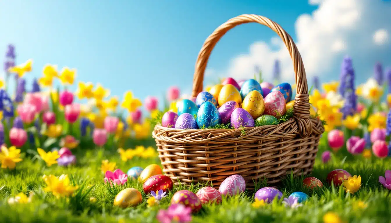 Panier d'œufs de Pâques parmi des fleurs colorées.