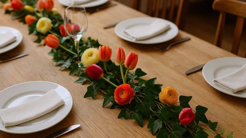 Table décorée avec fleurs colorées et vaisselle blanche.