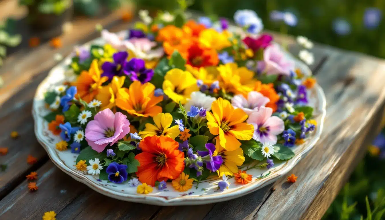 Assiette de fleurs colorées sur table en bois.