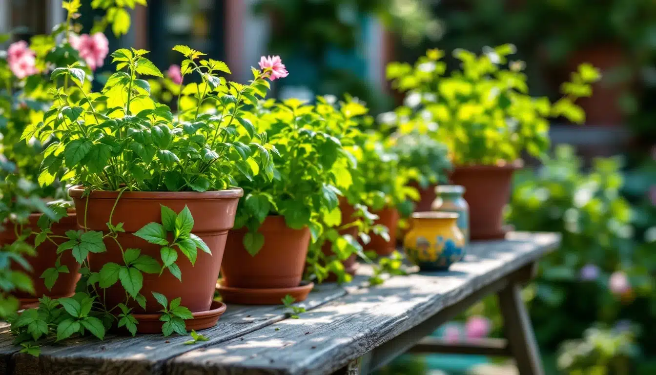 Plantes vertes en pots sur une table en bois.