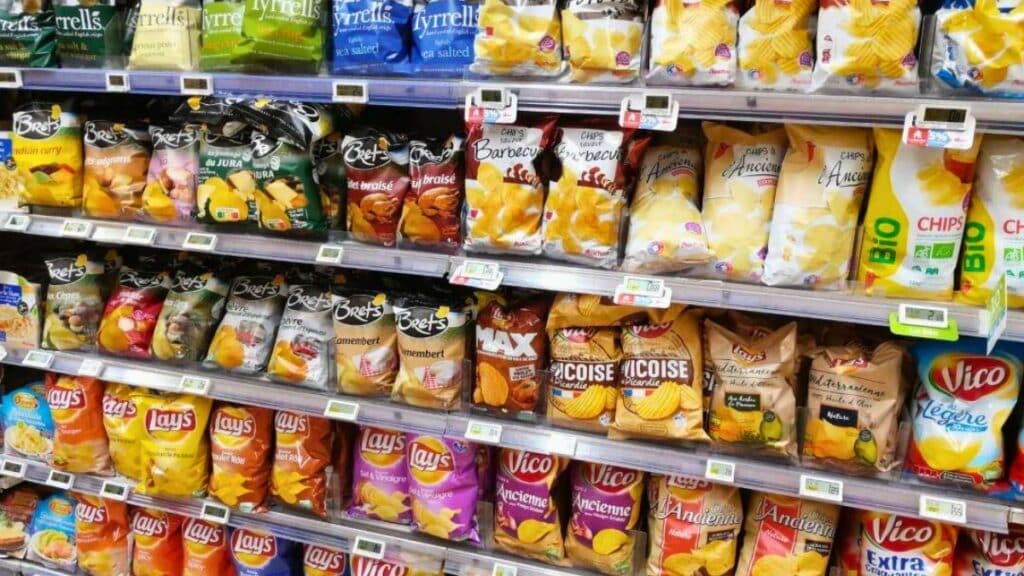 Rayon de chips en supermarché, divers parfums exposés.
