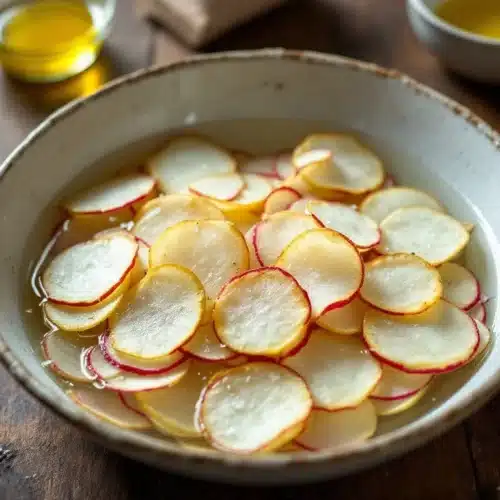 Tranches fines de pommes de terre dans un bol.