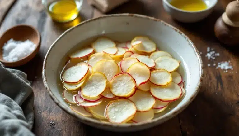Tranches fines de pommes de terre dans un bol.