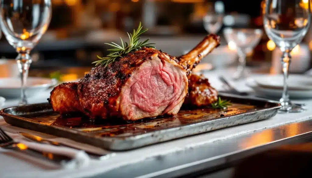 Côte de bœuf grillée au romarin sur table.