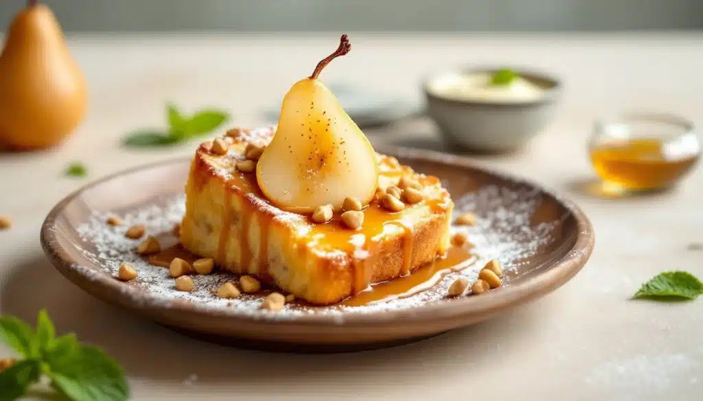 Gâteau avec poire et caramel sur assiette.
