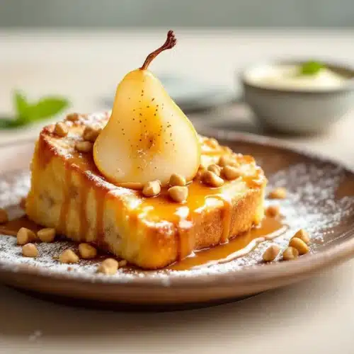 Gâteau avec poire et caramel sur assiette.
