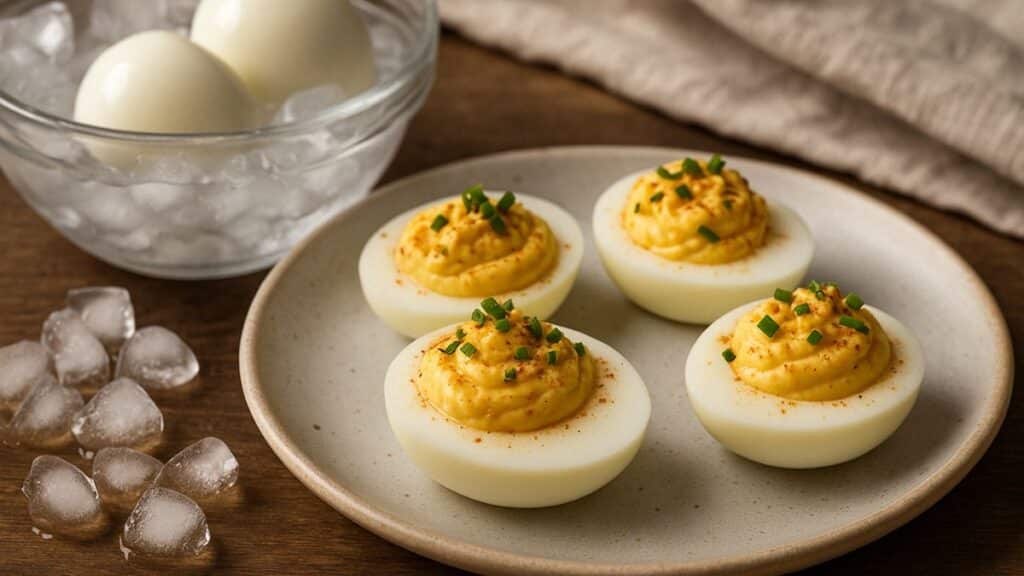 Oeufs mimosa garnis de ciboulette sur assiette.