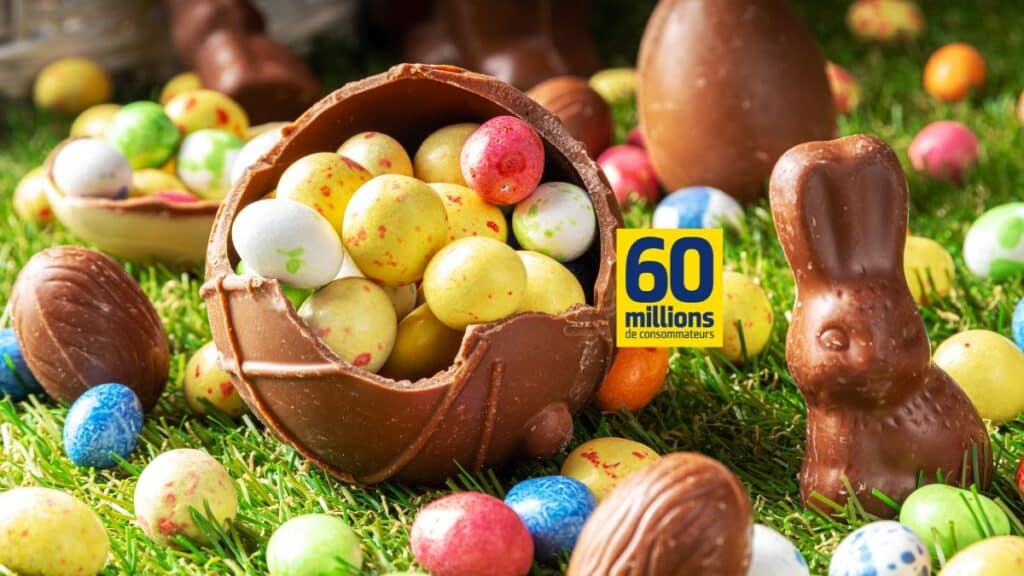 Œufs et lapins en chocolat sur herbe.