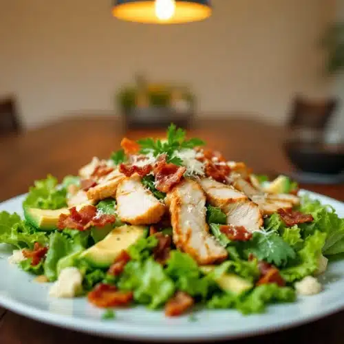 Salade poulet bacon sur table en bois.