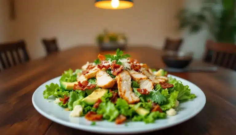 Salade poulet bacon sur table en bois.