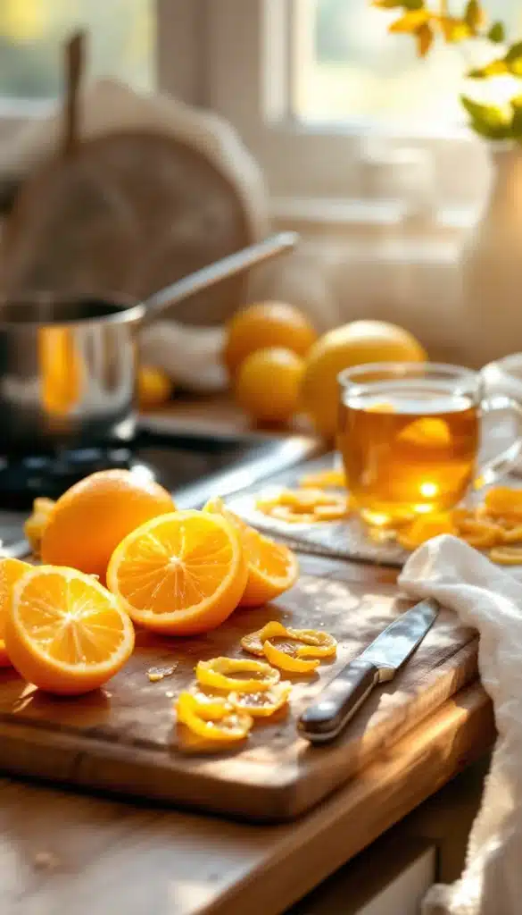 Oranges coupées et thé à la fenêtre ensoleillée.