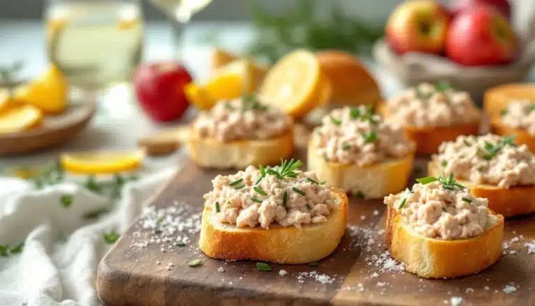Canapés au poisson sur planche en bois.