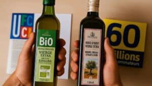 Deux bouteilles d'huile d'olive vierge extra.