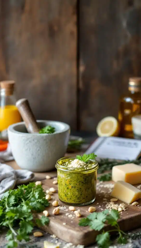 Pesto maison avec mortier et pilon.