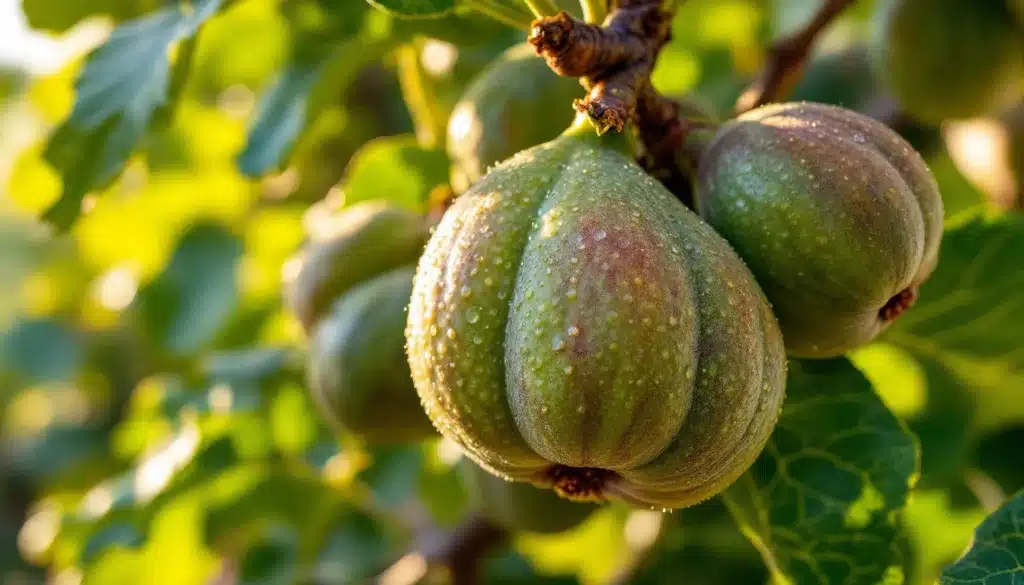 Figues mûres sur arbre avec gouttes de rosée.