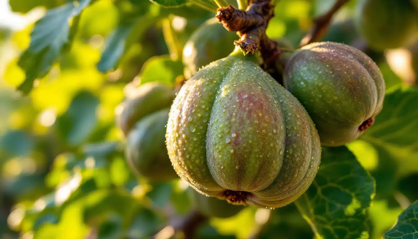 Figues mûres sur arbre avec gouttes de rosée.