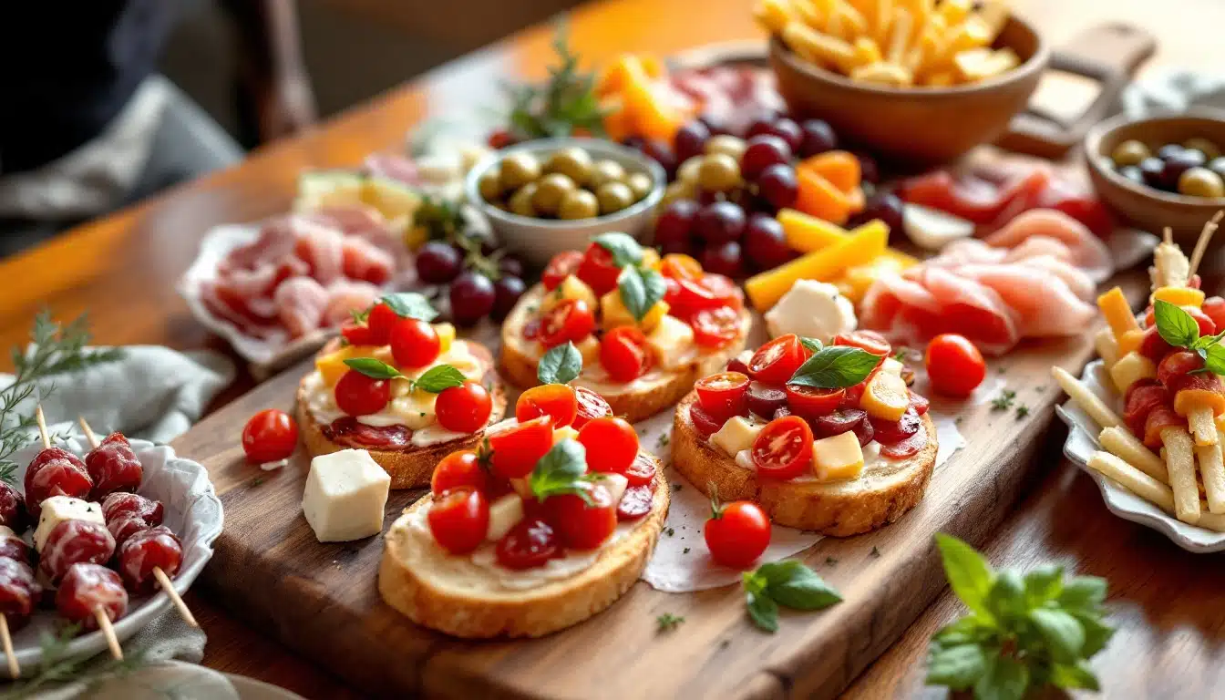 Assortiment de tapas avec tomates, fromages et charcuterie.
