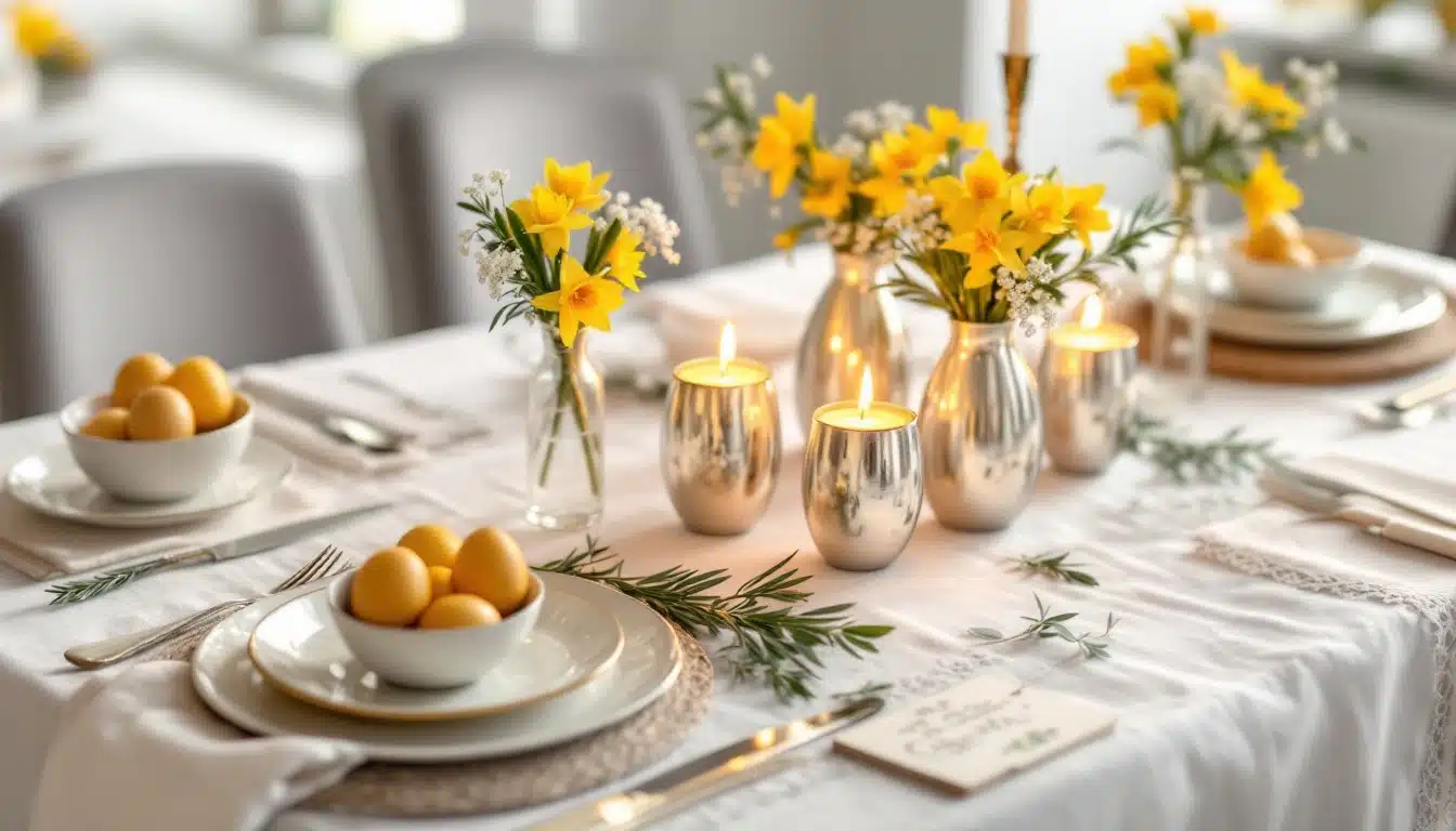 Table élégante avec bougies et fleurs jaunes.
