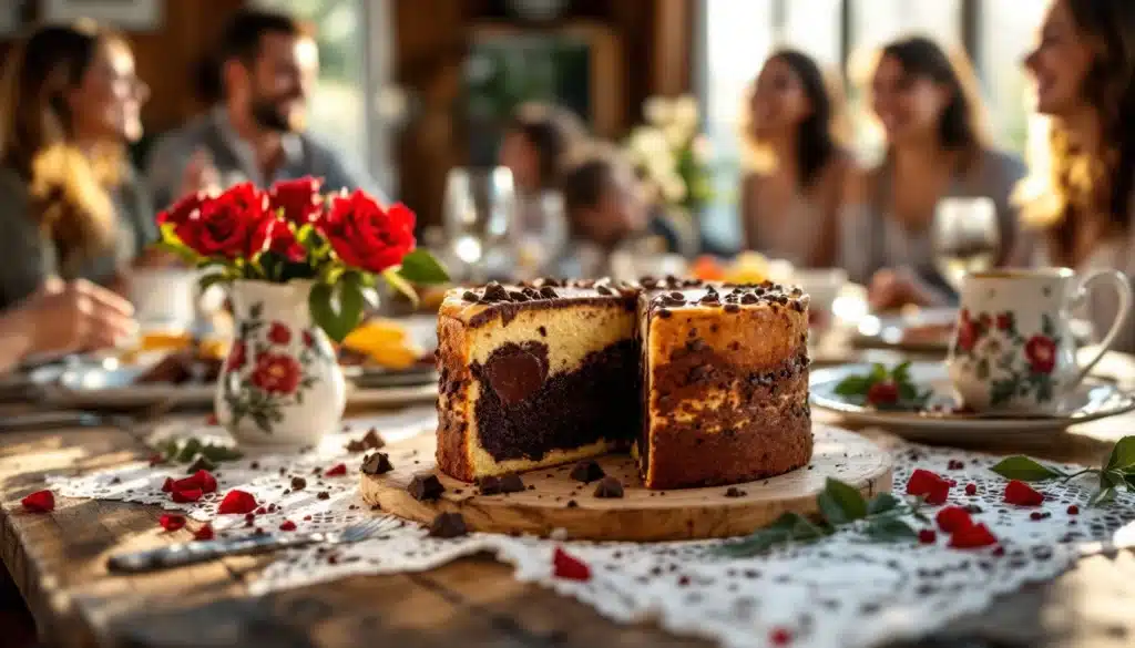 Gâteau au chocolat sur table avec roses rouges.