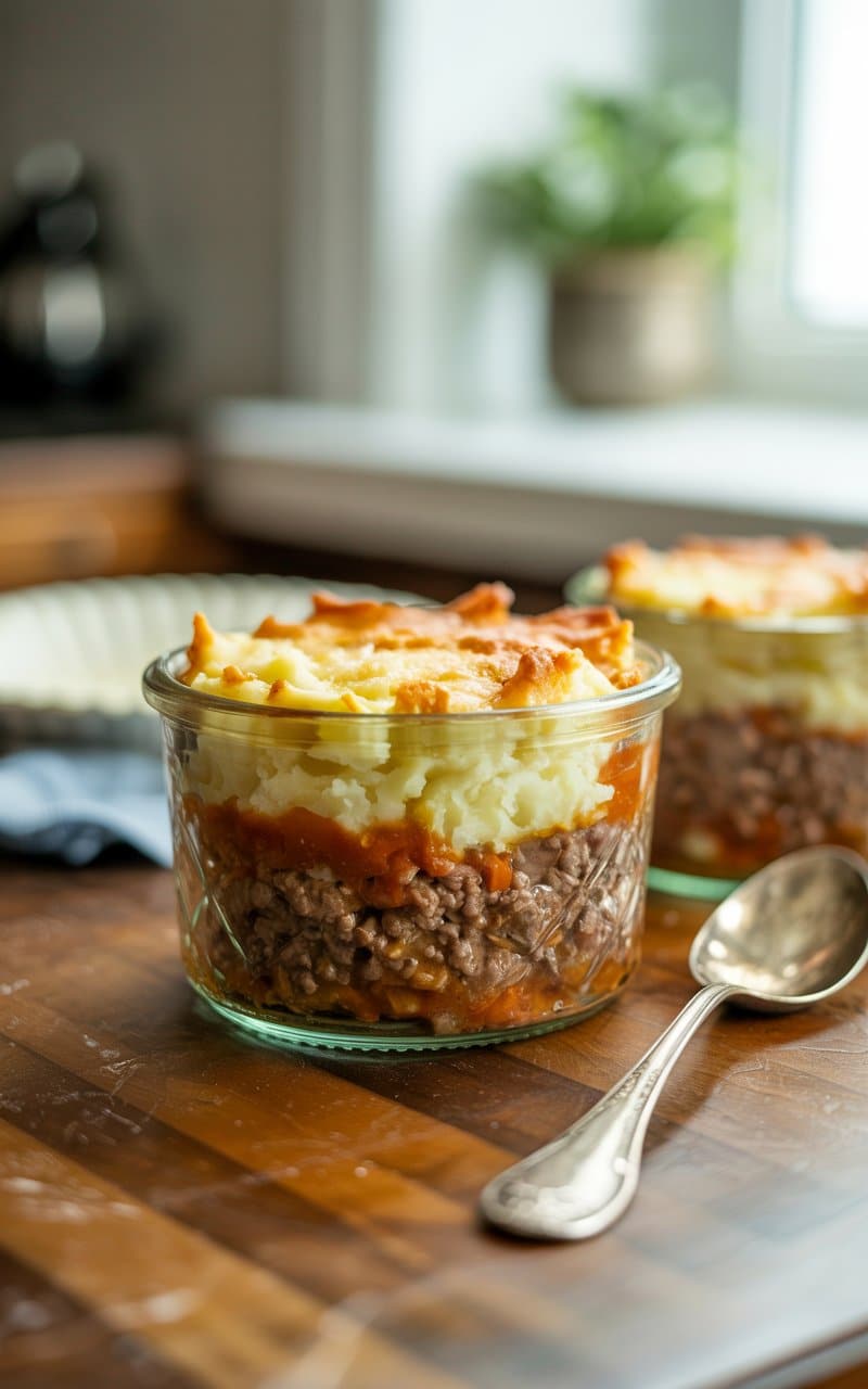 Hachis parmentier en bocal sur table en bois.