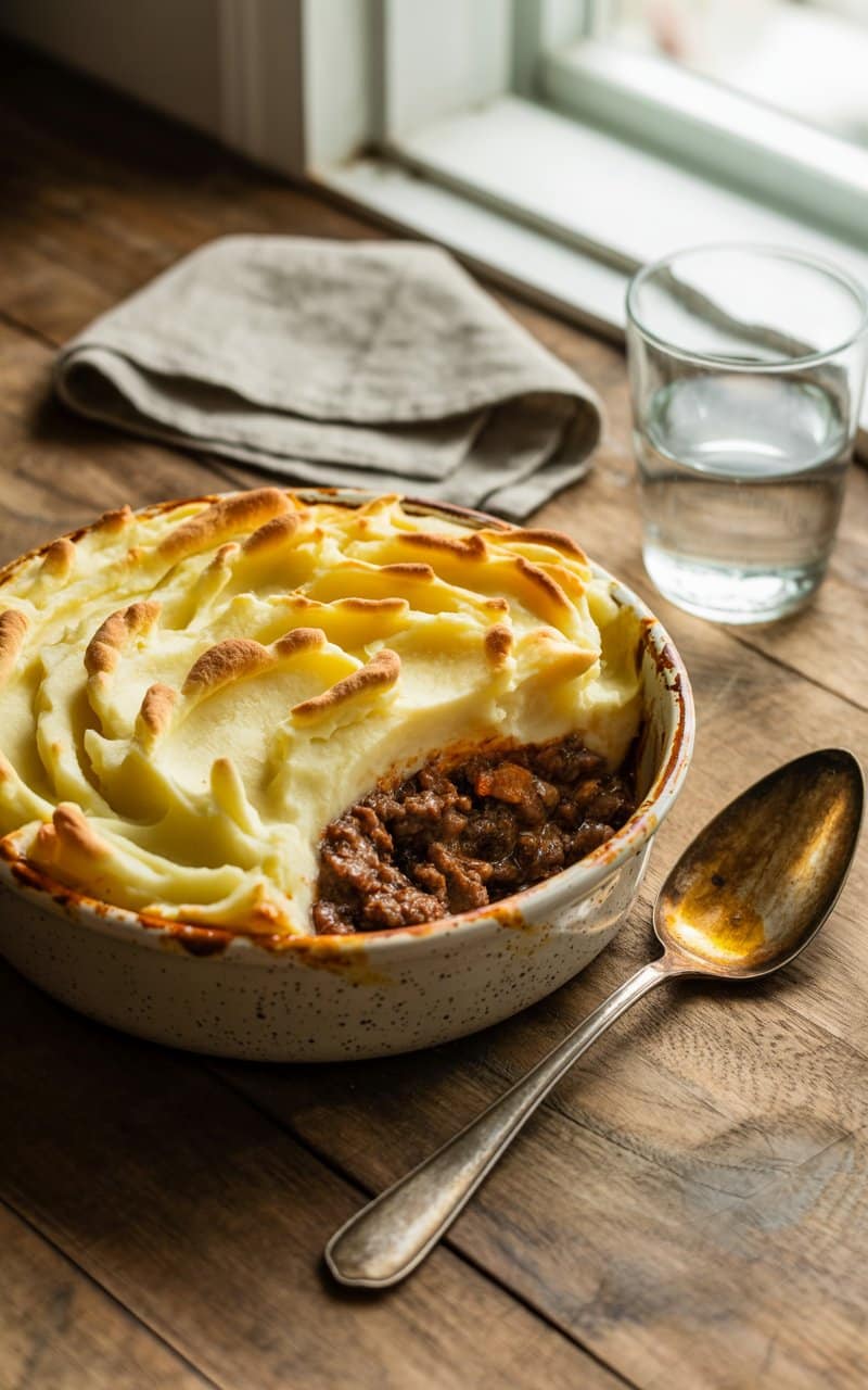 Hachis Parmentier servi dans un plat en céramique.