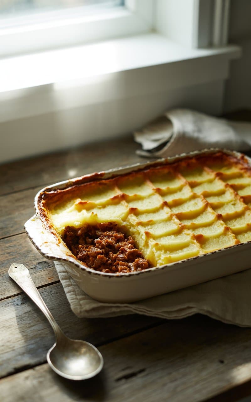 Hachis parmentier maison sur une table en bois.