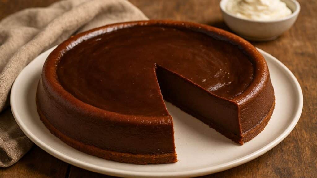 Gâteau au chocolat rond avec une part manquante.