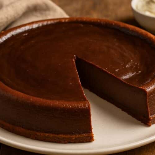 Gâteau au chocolat rond avec une part manquante.