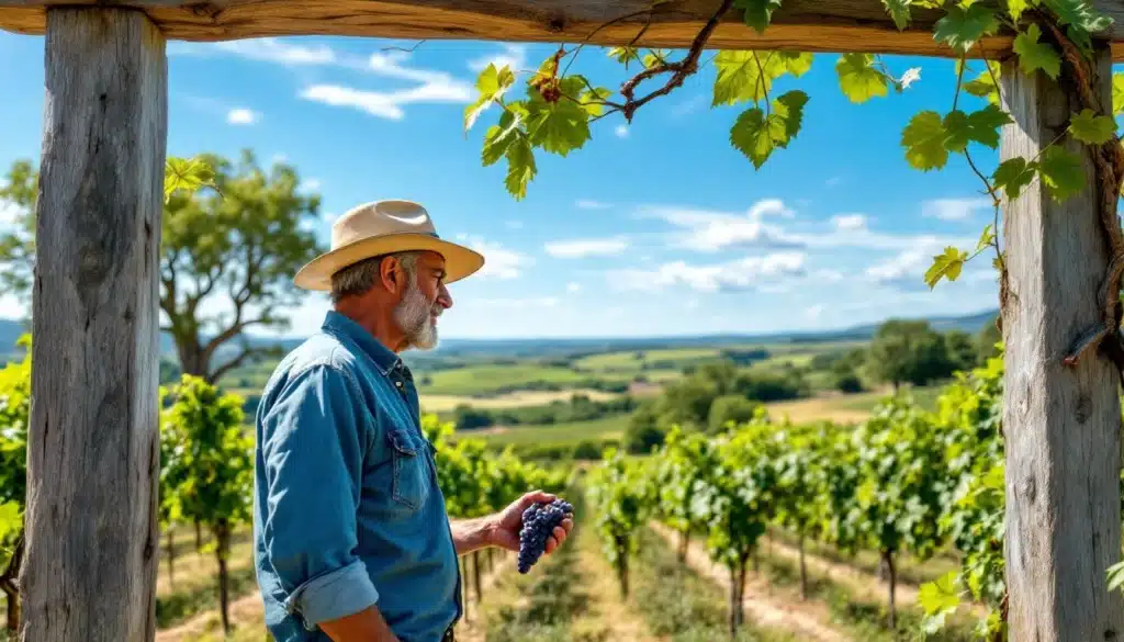 Vigneron observant des vignes avec des raisins.
