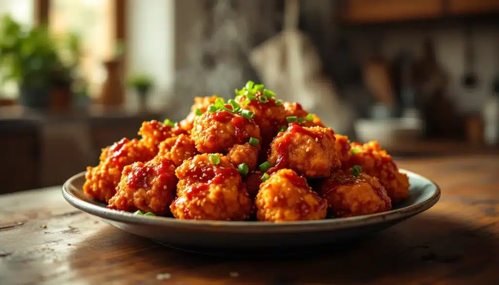 Poulet frit coréen croustillant avec sauce épicée.